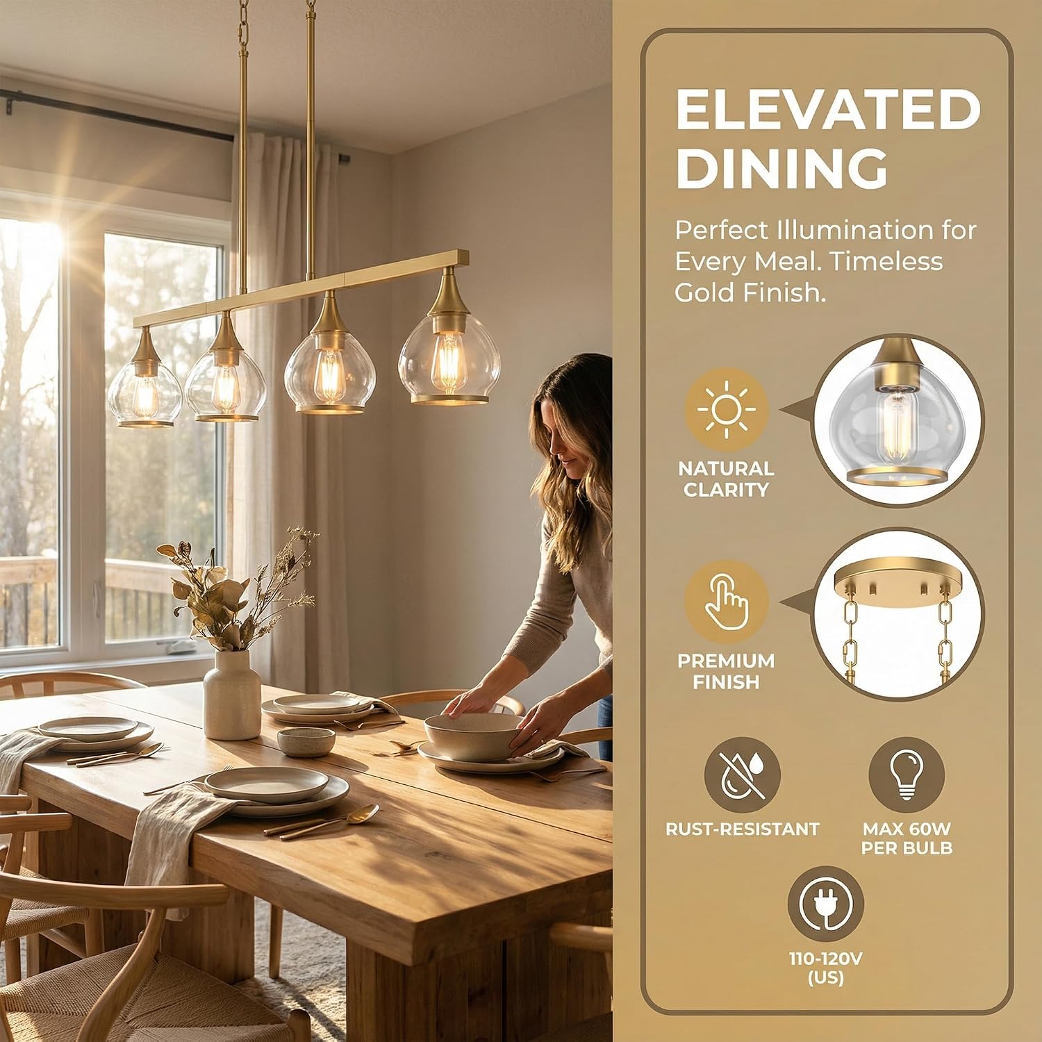Gold Clear Glass 4-Light Linear Pendant Light