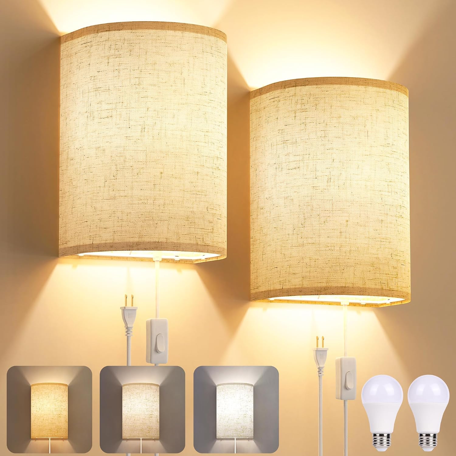 2 Plug-In Stepless Color Linen Wall Sconces