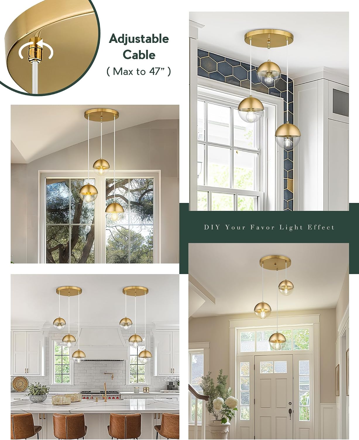 Brushed Gold Clear Globe 3-Light Pendant Light